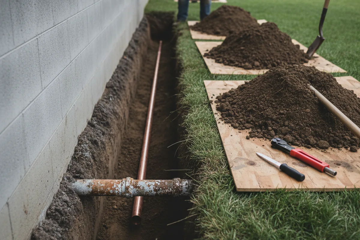Excavated water line trench during Water Heater Repair in Maxwell